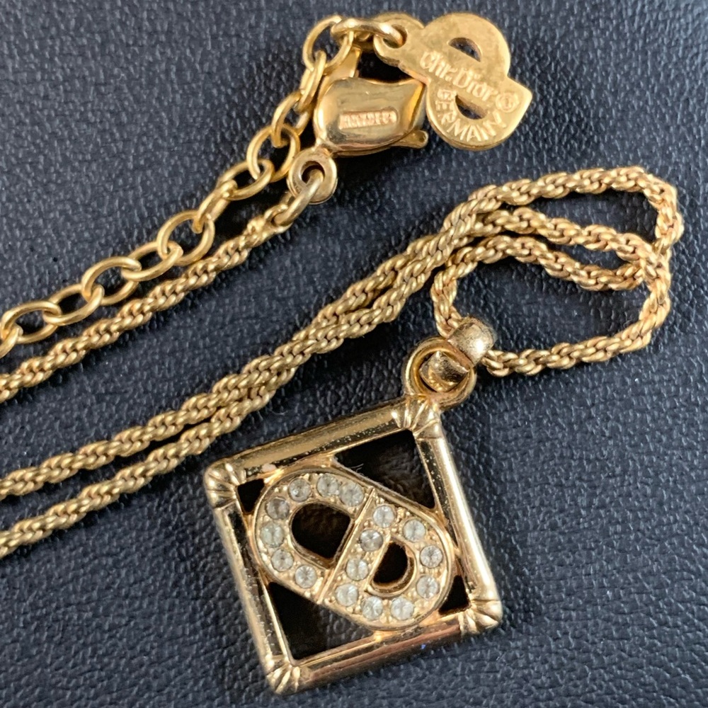 Dior Gold Tone Logo Pendant Necklace with Crystal Accents